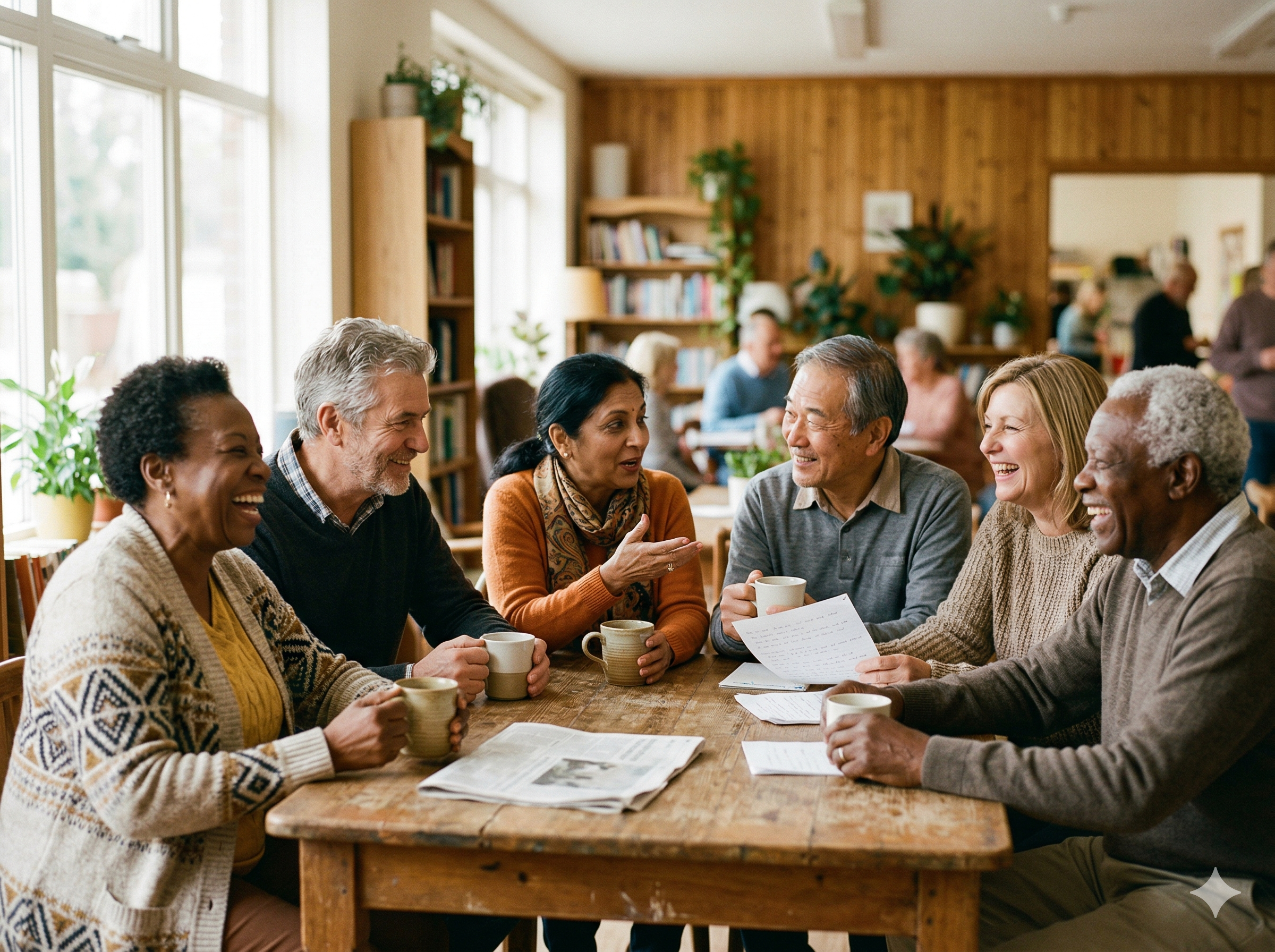 A diverse group of community members gathered together, smiling and connecting